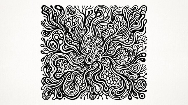 an intricate black and white abstract line art drawing featuring fluid organic zentangle wavy patterns