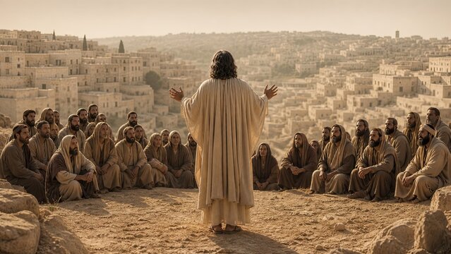 Biblical prophet preaching to a gathered crowd overlooking Jerusalem. Religious teaching, faith, scripture, and spiritual leadership in ancient Judea.