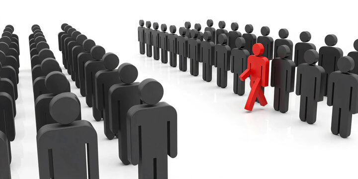 Leadership Breaking Away From the Crowd with Bold Red Figure Moving Forward Among Hundreds of Black Figures Symbolizing Innovation Courage Independent Thinking Business Success and Market Disruption