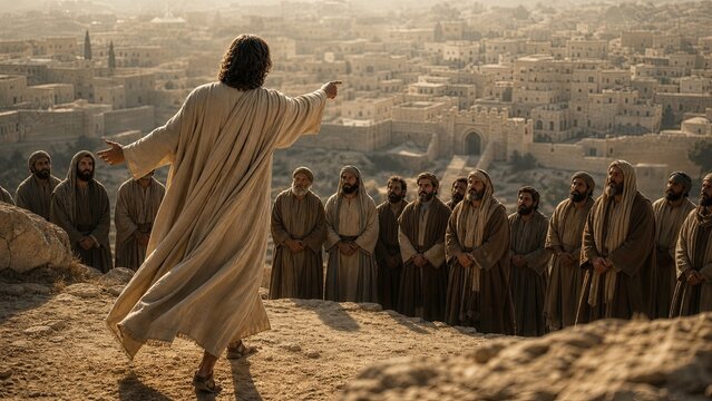 Biblical preacher addressing disciples from a hillside overlooking ancient Jerusalem. Historical Christian teaching scene illustrating faith, prophecy, scripture, and spiritual guidance in Judean
