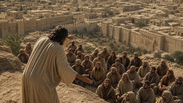 Biblical preacher addressing a gathered crowd on a rocky hillside overlooking ancient Jerusalem. Religious sermon, faith, discipleship, and Christian scripture concept.
