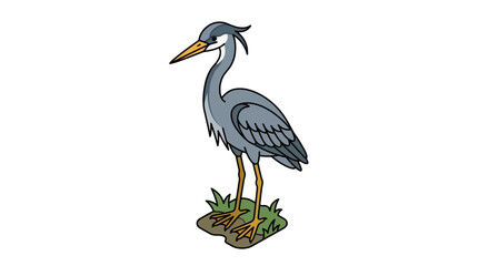 Obraz premium Grey heron standing on grassy ground cartoon illustration
