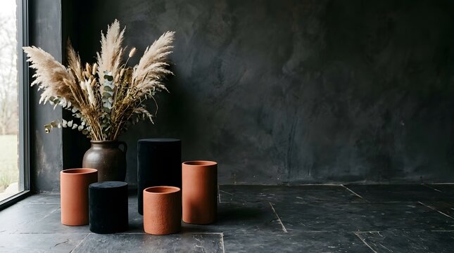 A captivating still life showcasing a collection of rustic ceramic vessels and dried pampas grass creating a warm and inviting autumnal aesthetic in a