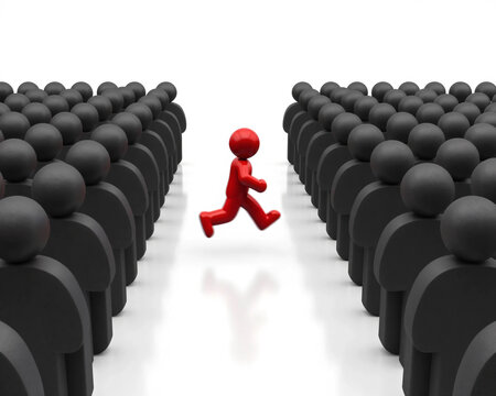 Leadership Breaking Away From the Crowd with Bold Red Figure Moving Forward Among Hundreds of Black Figures Symbolizing Innovation Courage Independent Thinking Business Success and Market Disruption
