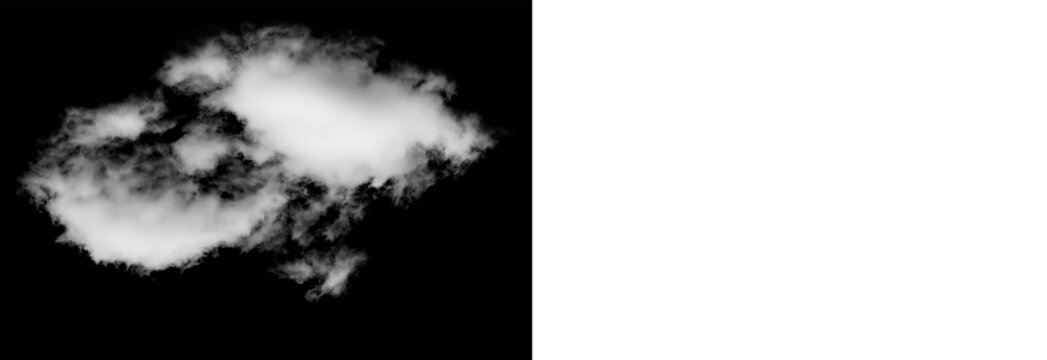 Puffy cumulus cloud clusters with alpha channel and black background for composition.