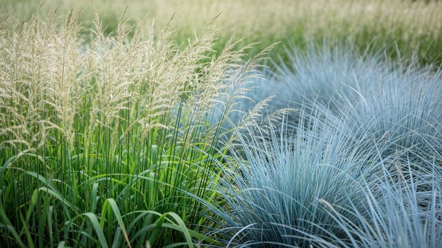 Beautiful color contrast between tall green-gold calamagrostis grasses and powder-blue fescue clumps creating a striking two-tone ornamental grass display.
