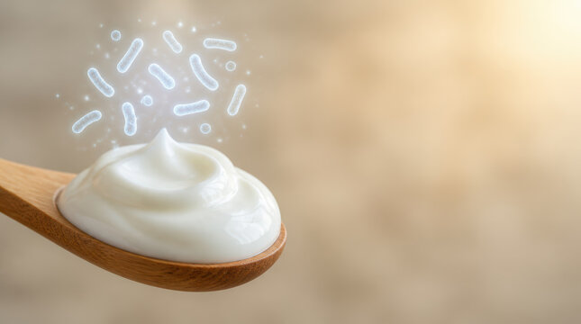 Yogurt microbiome research spoon probiotic bacteria dairy food, creamy cultured milk on wooden spoon with soft background