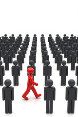Obraz premium Leadership Breaking Away From the Crowd with Bold Red Figure Moving Forward Among Hundreds of Black Figures Symbolizing Innovation Courage Independent Thinking Business Success and Market Disruption