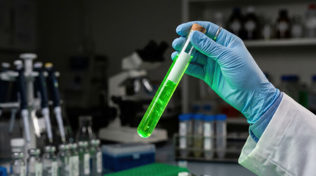 Microbiome research hand glove tube green liquid laboratory science sample analysis for medical experiment in sterile lab