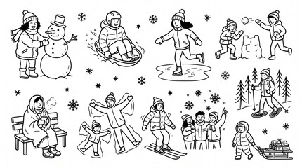 Fototapeta premium a set of black and white line art illustrations of people enjoying winter snow activities
