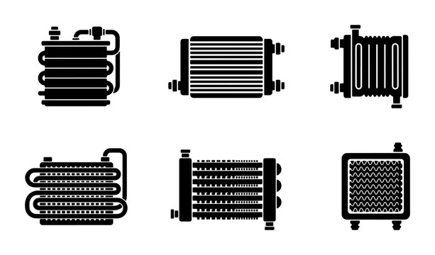 Heat Exchanger Icons, Radiator Vector Set, Cooling System Components, Industrial Equipment Graphics