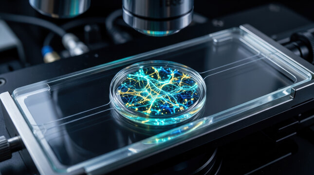 Microbiome research microscope petri dish culture glass slide glowing sample in laboratory study showing abstract microbial network