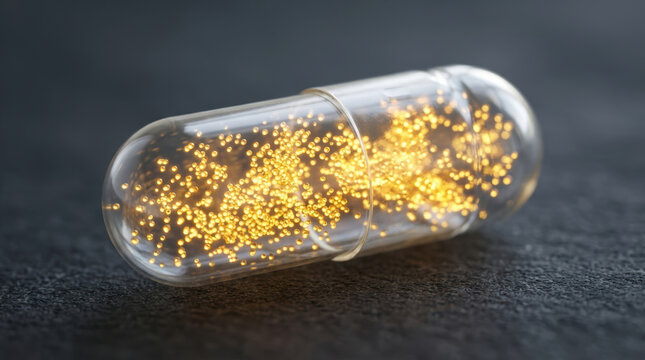 Capsule, microbiome, research, probiotic, medicine, particle glow inside transparent pill for gut health science concept
