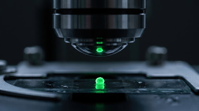 Microbiome research microscope green sample lens dark laboratory analysis closeup reveals glowing specimen for scientific study