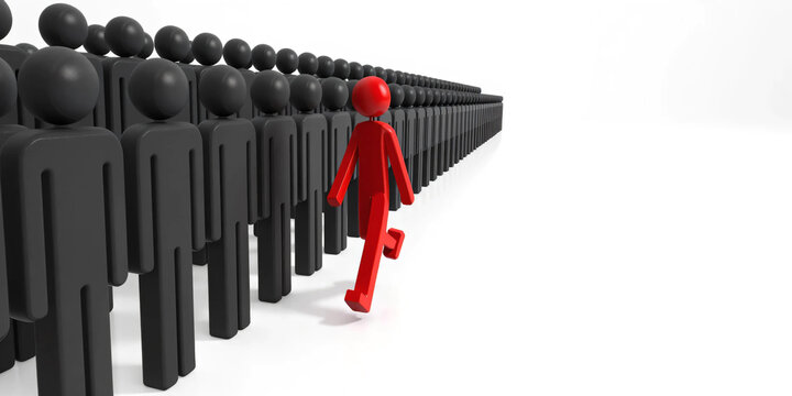Leadership Breaking Away From the Crowd with Bold Red Figure Moving Forward Among Hundreds of Black Figures Symbolizing Innovation Courage Independent Thinking Business Success and Market Disruption