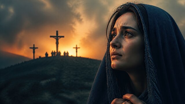 Woman in veil gazing toward three crosses at sunset. Christian scene of grief, faith, and Jesus Christ sacrifice on Calvary. Good Friday and Gospel concept.