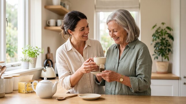 Happy adult daughter offering a cup of warm tea to her senior mother in a cozy bright kitchen while bonding together