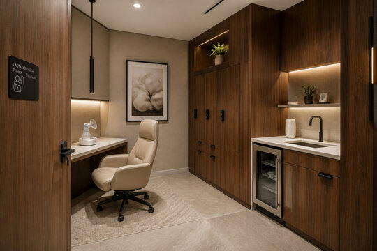 Warm contemporary lactation room with a comfortable chair, breast pump station, built-in cabinetry and compact kitchenette.