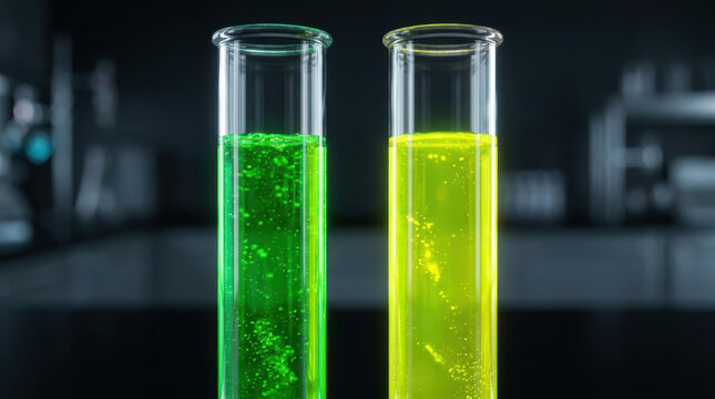 Microbiome research test tube glowing liquid laboratory science experiment chemistry analysis with green yellow sample in dark lab