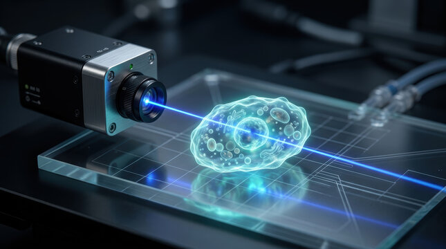 Microbiome research laser scanner analyzes glowing cell on glass slide in laboratory with blue beam and scientific imaging detail