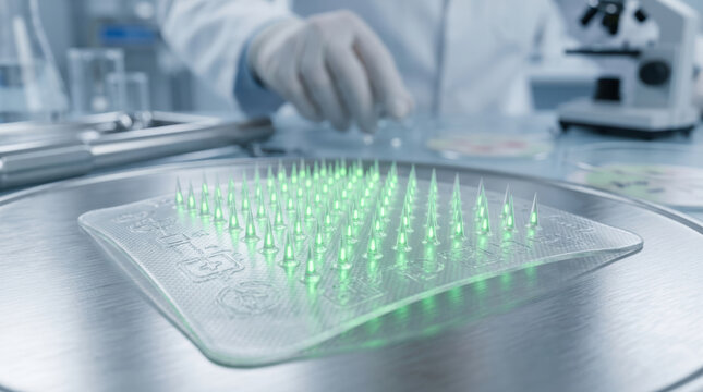 Microbiome research microneedle patch laboratory scientist gloved hand studies green array on sterile metal bench with microscope