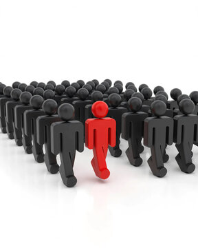 Leadership Breaking Away From the Crowd with Bold Red Figure Moving Forward Among Hundreds of Black Figures Symbolizing Innovation Courage Independent Thinking Business Success and Market Disruption