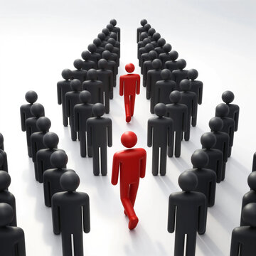 Leadership Breaking Away From the Crowd with Bold Red Figure Moving Forward Among Hundreds of Black Figures Symbolizing Innovation Courage Independent Thinking Business Success and Market Disruption