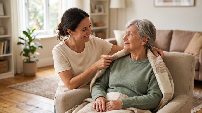 Caring adult daughter covering her senior mother with blanket at home