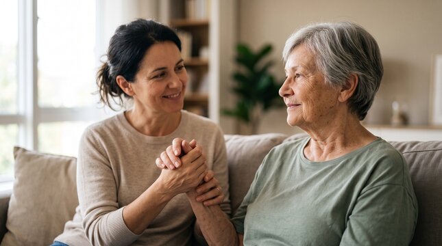 Caring adult daughter holding hands and supporting her elderly mother on the sofa at home, smiling together
