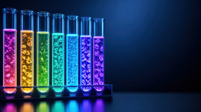 Microbiome research test tube laboratory colorful liquid science experiment with glowing glass sample for medical analysis
