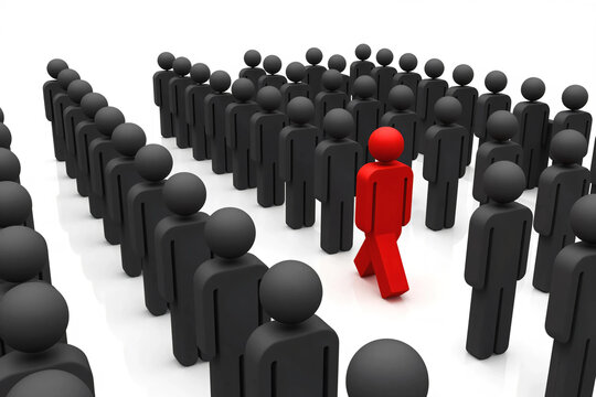 Leadership Breaking Away From the Crowd with Bold Red Figure Moving Forward Among Hundreds of Black Figures Symbolizing Innovation Courage Independent Thinking Business Success and Market Disruption