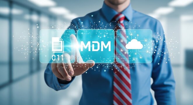 Businessman Using MDM Mobile Device Management Digital Interface for Corporate IT Solutions and Master Data Management