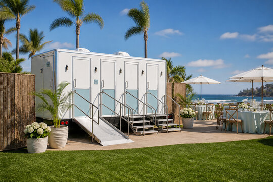 Elegant white portable restroom trailer with accessible ramp beside a seaside outdoor event, surrounded by palms, flowers and sunny ocean views.