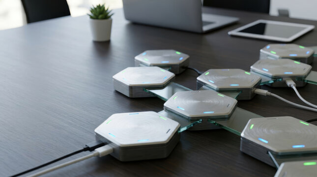 Merger acquisition tech network, merger acquisition tech concept with hexagonal device cluster on office desk