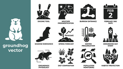 Fototapeta premium Groundhog vector icons for seasonal weather forecasting and protection