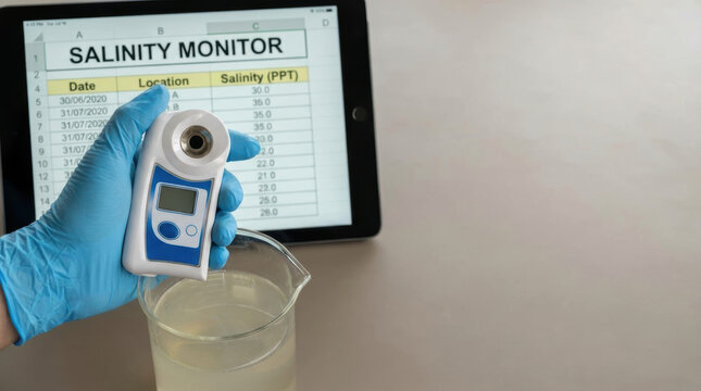 Water scarcity technology concepts. Hand in Glove Holding Digital Water Salinity Tester with Data on Screen