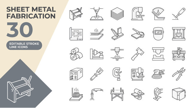 Sheet metal fabrication industrial line icon collection on transparent background Editable Stroke.