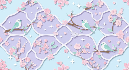 Fototapeta premium Pastel birds and cherry blossoms on decorative pattern
