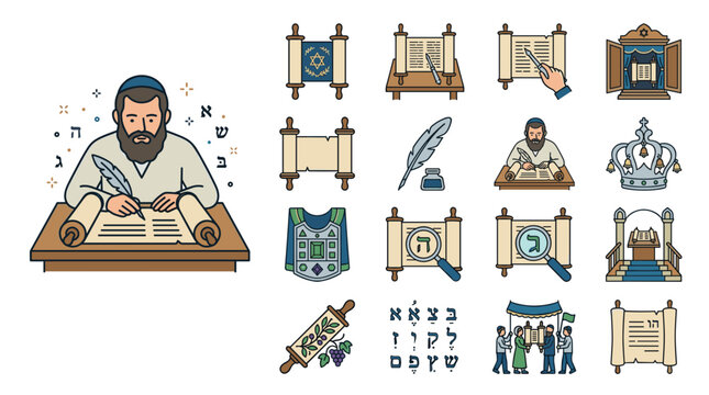 Jewish sofer writing on a torah scroll vector icon set