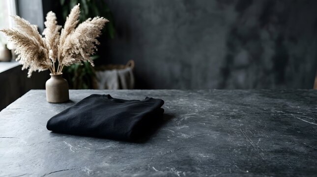 This elegantly styled interior scene showcases a neutral color palette featuring pampas grass a dark blanket and a textured marble or concrete surface creating