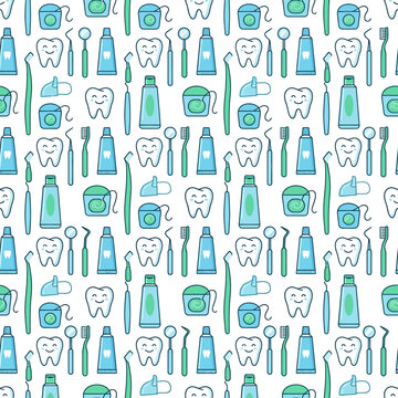 Dental Care Seamless Pattern with Cute Cartoon Teeth and Tools
