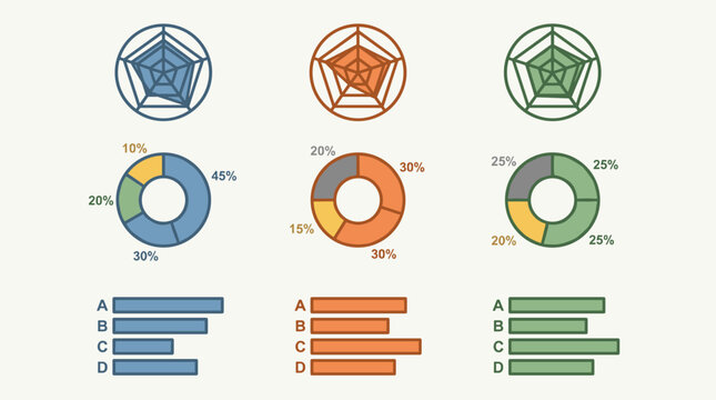 Flat design vector illustration of three sets of data charts: radar, donut, and bar graphs in blue, orange, and green.