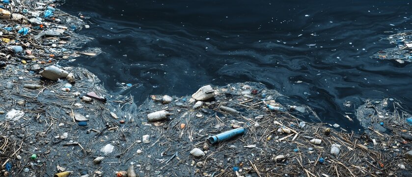 Contaminated river with murky water and debris highlighting pressing environmental issues