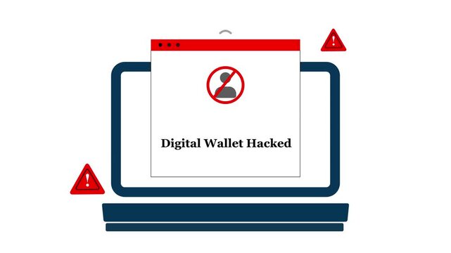 Digital wallet hacked warning alert on laptop screen cyber security breach and online financial fraud concept