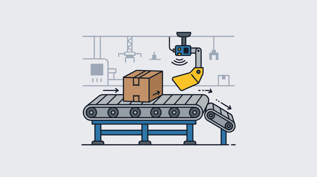 Automated warehouse conveyor belt moving cardboard box with robotic scanner arm