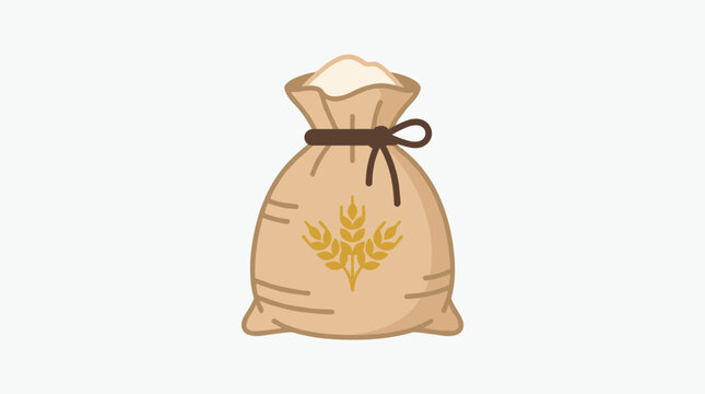 Burlap sack of white flour with wheat symbol isolated on plain background