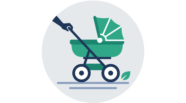Minimalist Green Baby Stroller Illustration with Hand Pushing Carriage in Circle