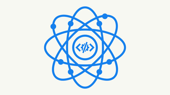 Blue Atom Symbol with Coding Brackets Icon for Software Development Technology