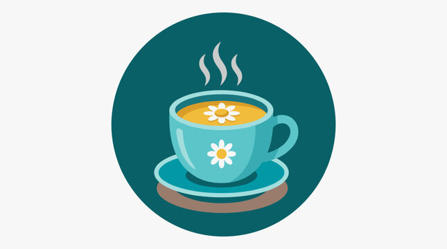 Flat Vector Illustration of a Hot Chamomile Tea Cup with Daisy Flowers and Steam