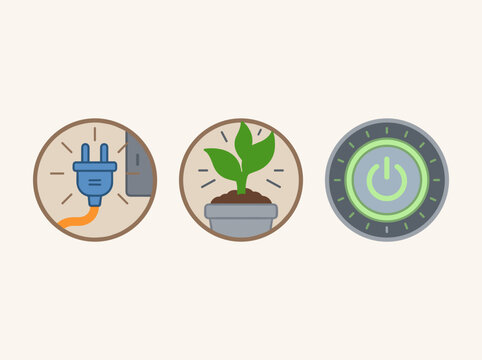 Green energy icons depicting power plug plant and start button for sustainable technology